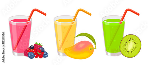 Juice set. Vector cartoon illustration of sweet mango, kiwi and berries with tube for drinking. Taking natural vitamins. Summer drink flat icon.