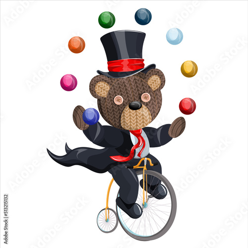 Vector image of a magician bear on a bicycle. Concept. Cartoon style. EPS 10
