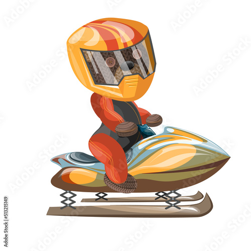 Vector image of a bear in an outfit on a snowmobile. Concept. Cartoon style. EPS 10