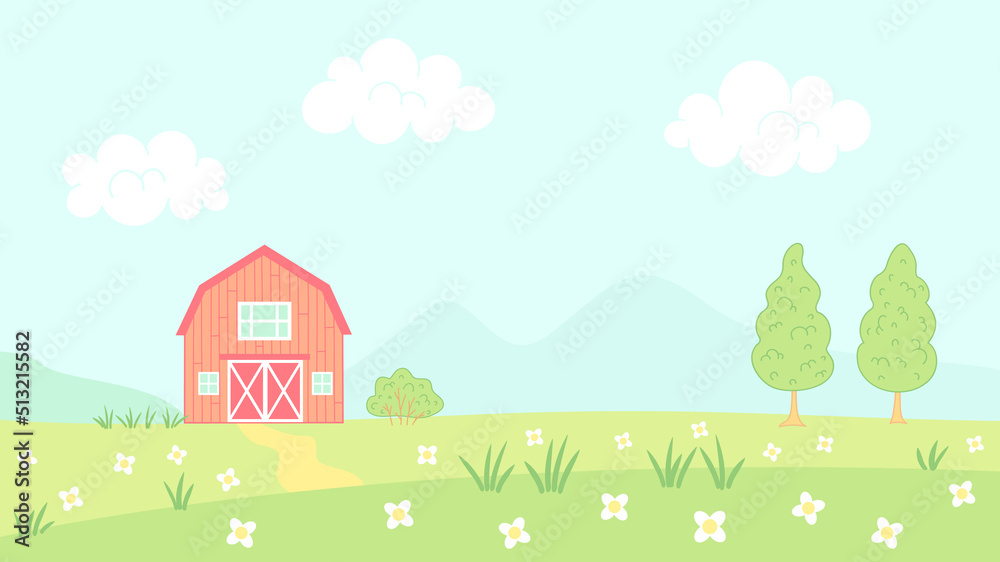 Vector illustration of barn in farm. Vector illustration farm landscape for children book.