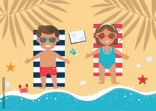 Children are lying on the beach. Boy and girl are sunbuthing. Cute little children on vacation. Kids are sunbathing on towels on the beach. Summer time, holiday. Vector illustration.