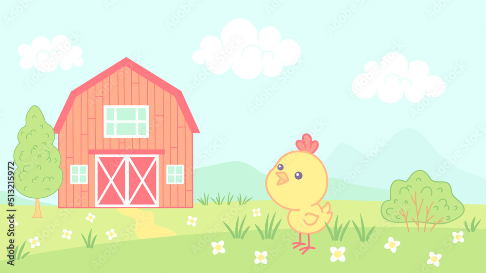 Vector illustration of chick in kawaii style on farm. Vector illustration for children with little bird near red barn.