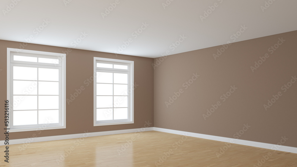 Corner of the Room with Light Brown Walls, Two Large Windows, Light Glossy Parquet Floor and a White Plinth. Perspective View. 3d rendering with a Work Path on the Windows. 8K Ultra HD, 7680x4320 Corner of the Room with Light Brown Walls, Two Large Windows, Light Glossy Parquet Floor and a White Plinth. Perspective View. 3d rendering with a Work Path on the Windows. 8K Ultra HD, 7680x4320