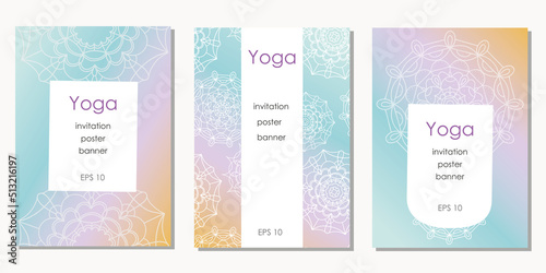 Set of colorful banners, posters with ethnic pattern mandala.
Vector layout of yoga class invitations.