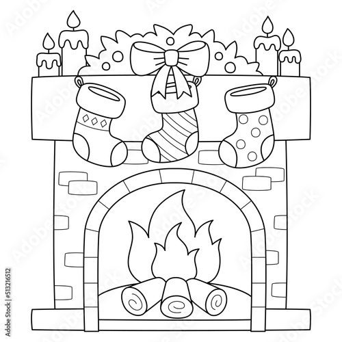 Christmas Fireplace with Stocking Isolated 