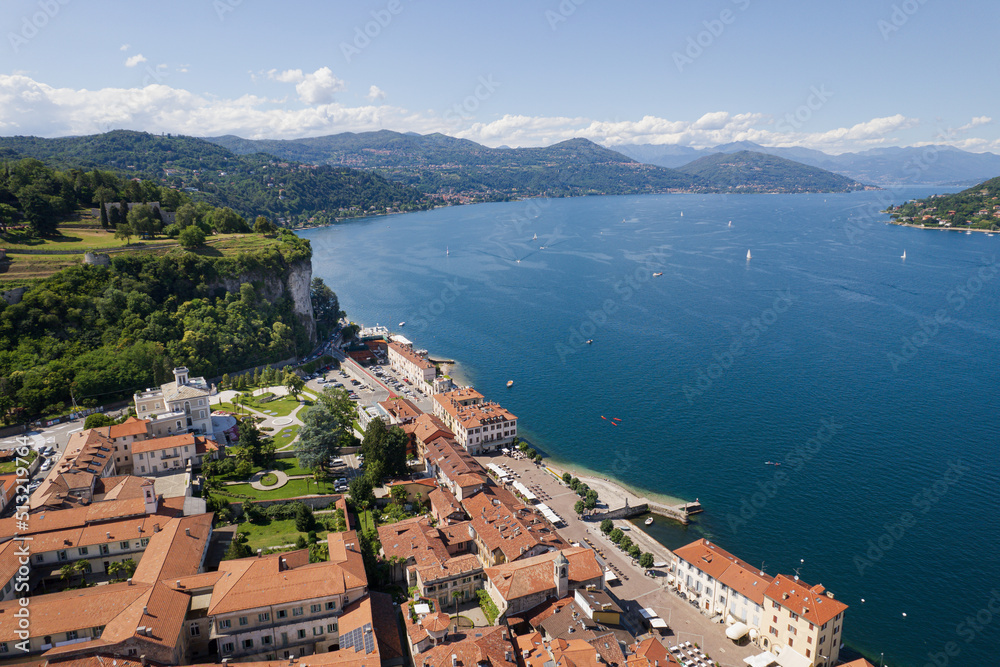 Aerial view of the city of Arona and Lake Maggiore, Italy.