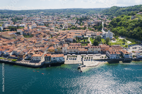 Aerial view of the city of Arona and Lake Maggiore, Italy.