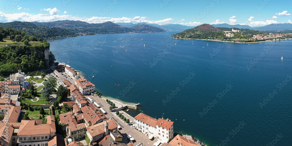 Aerial view of the city of Arona and Lake Maggiore, Italy.
