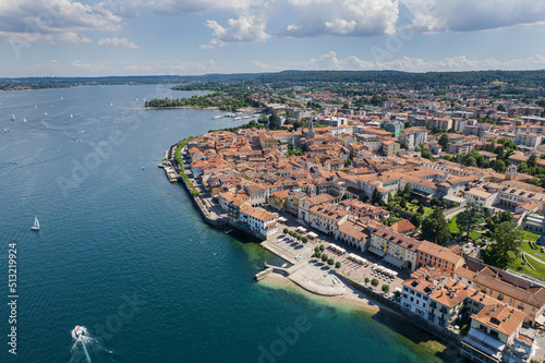 Aerial view of the city of Arona and Lake Maggiore, Italy.