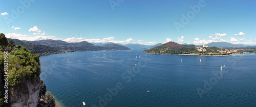 Aerial view of the city of Arona and Lake Maggiore, Italy.