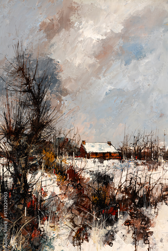 Oil painting close-up of a rural landscape in winter. Christmas Holiday concept.