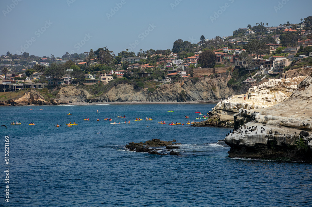 A Group of Kayakers being led on a Tour Near La Jolla, Cove, California, looking at Sea Lions on a Rock