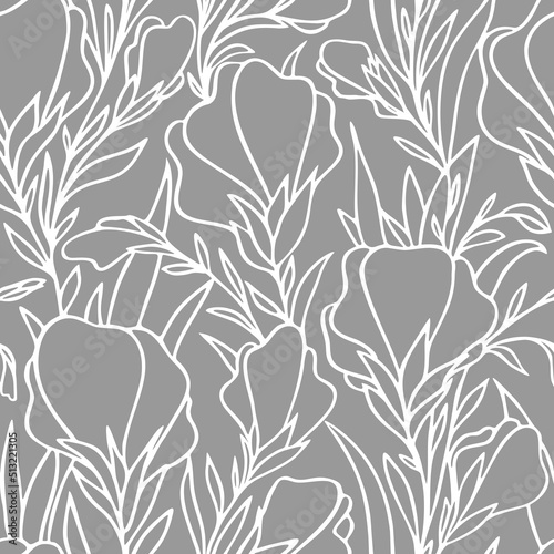 seamless white contour pattern of large flower buds on a gray background, floral texture, design