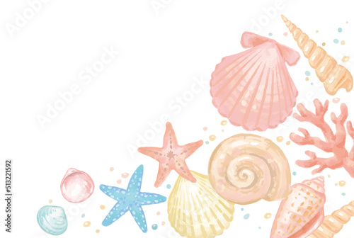 海の貝、ヒトデ、サンゴのフレーム、背景。水彩画風、ベクターイラスト素材。