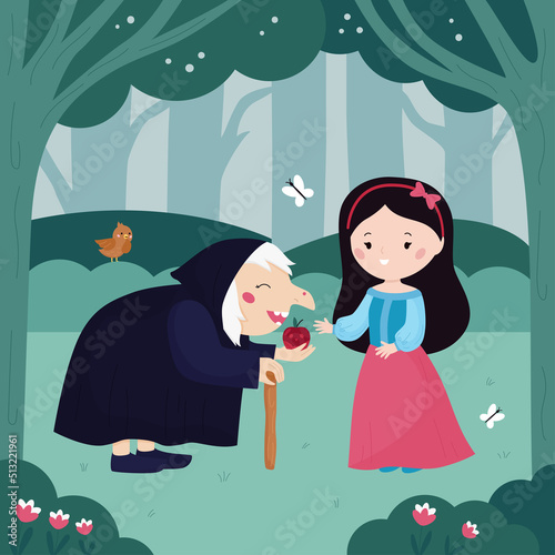 Snow White and the Seven Dwarfs fairy tale for children. Princess and witch. Cartoon kawaii characters. Classical fairy tale. Vector illustration for books.