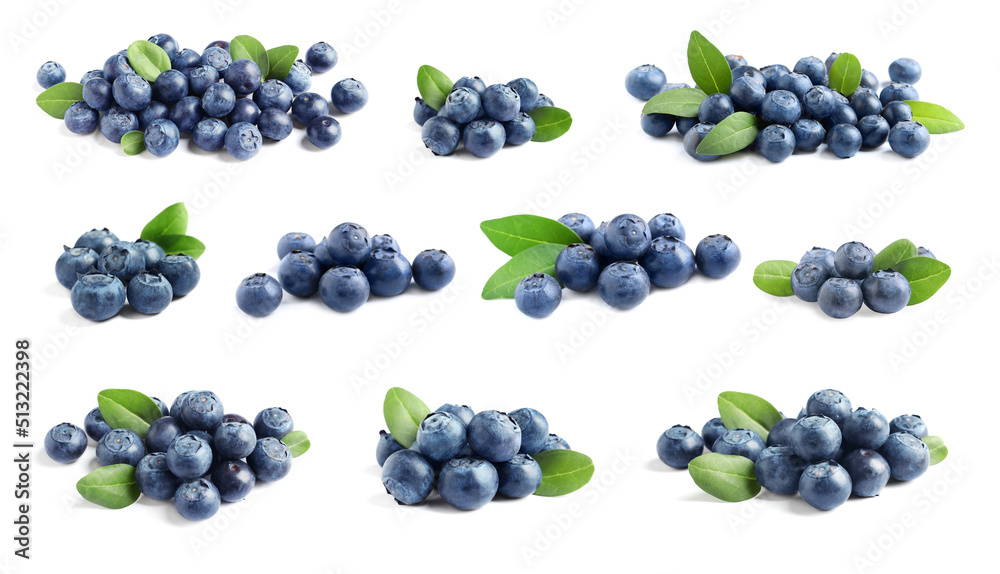 Set with fresh ripe blueberries on white background - obrazy, fototapety, plakaty 