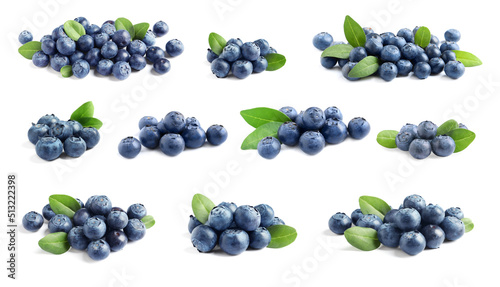 Fotografija Set with fresh ripe blueberries on white background