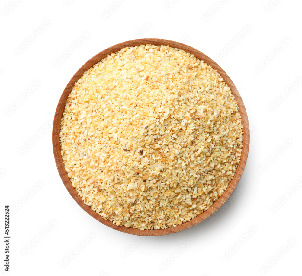 Bowl of dehydrated garlic granules isolated on white, top view Bowl of dehydrated garlic granules isolated on white, top view