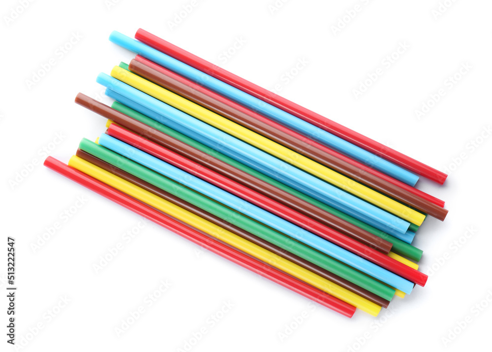 Many colorful glue sticks on white background, top view Many colorful glue sticks on white background, top view
