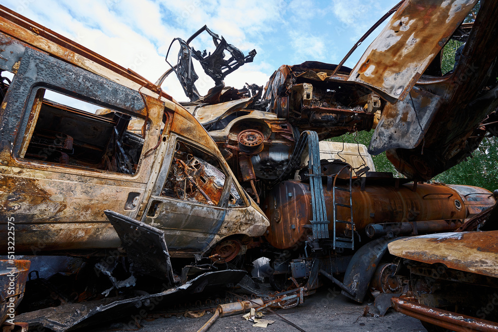 Incinerated vehicles piled up after Russian invasion to Irpin Incinerated vehicles piled up after Russian invasion to Irpin