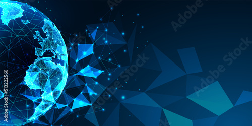 Concept of web 3.0 with planet Earth globe in futuristic glowing low poly style on blue backgound.