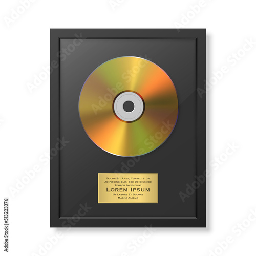 Realistic Vector 3d Golden Yellow CD and Label with Black Frame Isolated. Single Album Compact Disc Award, Limited Edition. Design Template