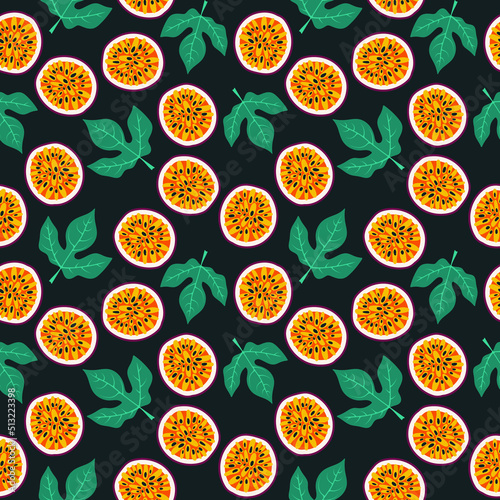 Maracuja seamless pattern. Juicy passion fruits and green tropical leaves. Bright print for fabric, kitchen wallpaper, wrapping paper, vegan menu. Hand drawn organic food. Doodle vector illustration