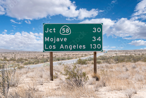 Mojave, Los Angeles and Route 58 junction highway sign on Route 14 in Southern California.  