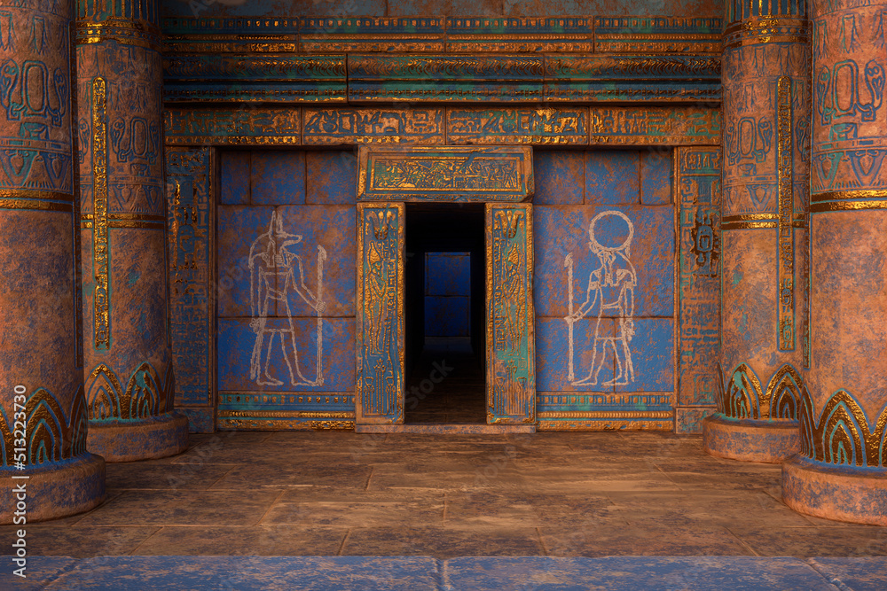 Entrance doorway to ancient Egyptian tomb or temple with blue and gold
