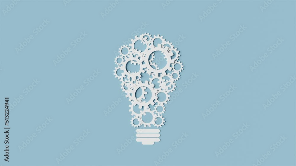 Gears rotate inside bulb. Creativ idea mechanism. 3d render animation.