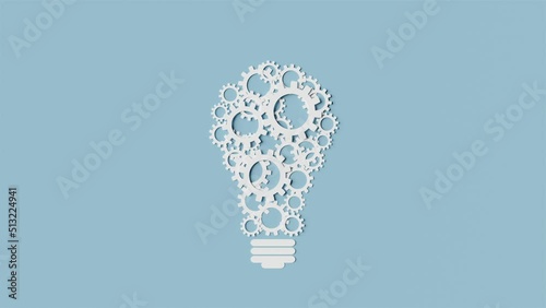 Gears rotate inside bulb. Creativ idea mechanism. 3d render animation.