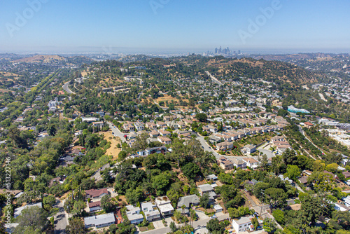 Los Angeles, California, USA – June 23, 2022: Aerial Drone View of Oak Hill Estates Townhouses with Arroyo Seco Park, South Pasadena photo