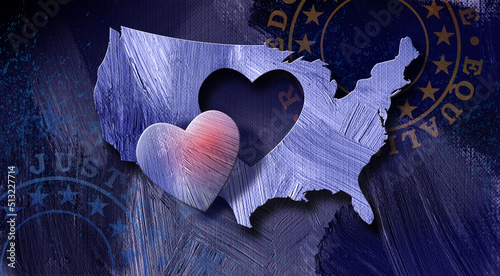 Fotografi America map with a heart shaped segment falling out graphic abstract background