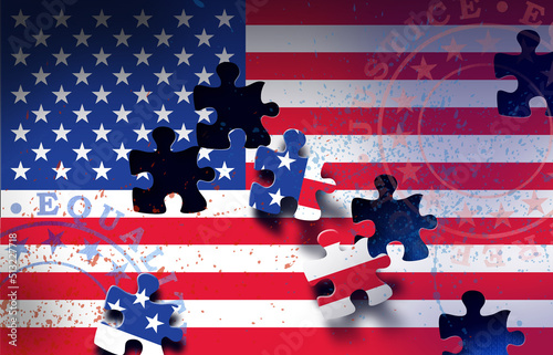 Obraz na plátne American Flag with falling apart puzzle pieces graphic abstract background