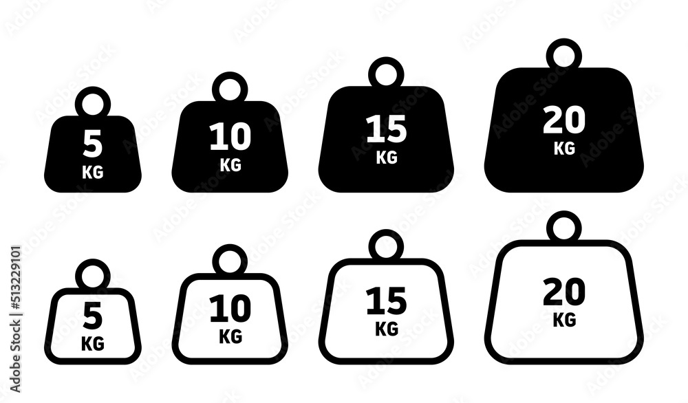 Weight of 5 kg, 10 kg, 15 kilo, and 20 kilograms vector icon set illustration.