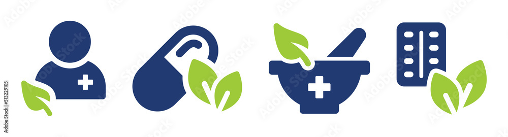 Natural medicine with leaf icon vector set. Herbalism and naturopathy remedy symbol illustration. - obrazy, fototapety, plakaty 