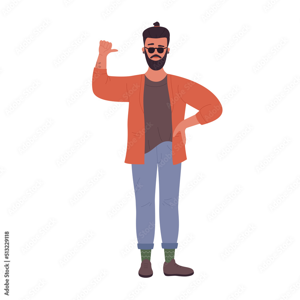 Hipster man showing thumb up gesture. Cool boy in casual clothes with sunglasses vector illustration