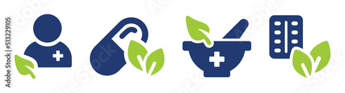 Natural medicine with leaf icon vector set. Herbalism and naturopathy remedy symbol illustration.