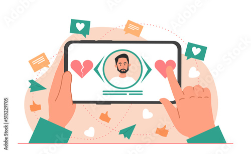 Dating application concept. Woman evaluates portrait of man, mobile program for selecting couples for romantic dates. Communication on Internet and social networks. Cartoon flat vector illustration