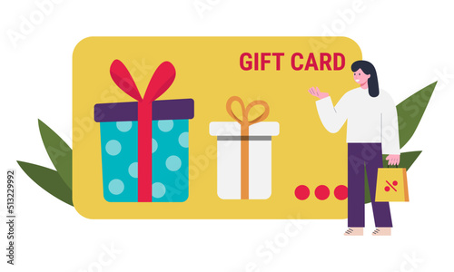 Shopping gift certificate concept illustration. Icon composition with card, gift box and discounts on purchases. Loyalty program and bonuses. Vector illustration for modern web design