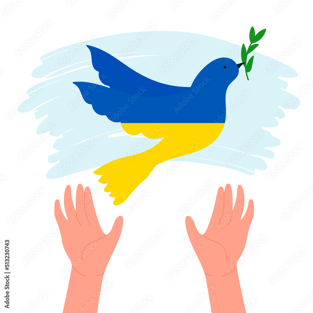 Hands releasing dove in yellow blue national colors of Ukrainian flag.  Cartoon pigeon with olive branch flying up into air flat vector  illustration. International peace symbol, freedom, faith concept Stock  Vector