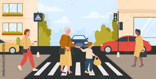 Help of kind courteous boy to old woman with cane to cross zebra on city street with traffic light vector illustration. Cartoon kid and grandmother pedestrians walk background. Elderly care concept