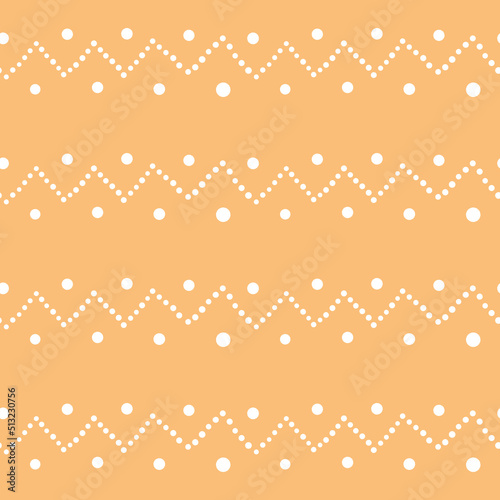 Abstract seamless pattern. Simple dotted zigzag ornament. White dots on light orange background. Retro hand drawn doodle backdrop