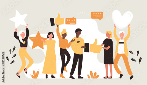 Best survey experience, support and good review evaluation from tiny people. Cartoon happy satisfied customers holding stars, thumbs up and heart likes flat vector illustration. Feedback concept
