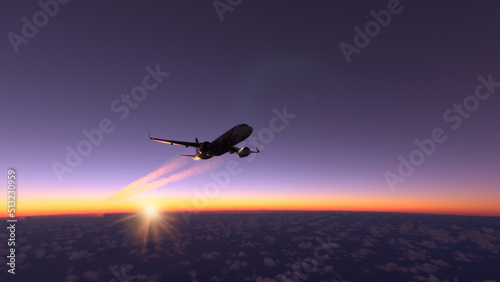 Commercial airplane flying over the amazing sunset, 3D illustration.