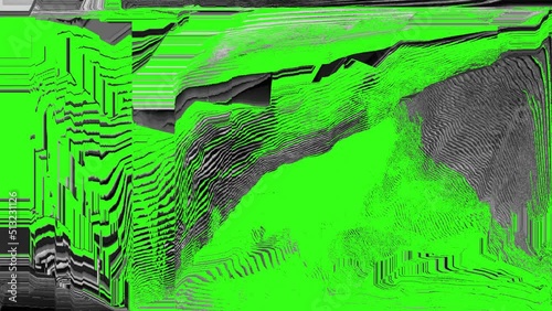 Black and white pixel motion glitch effect on green background, cut out, overlay
