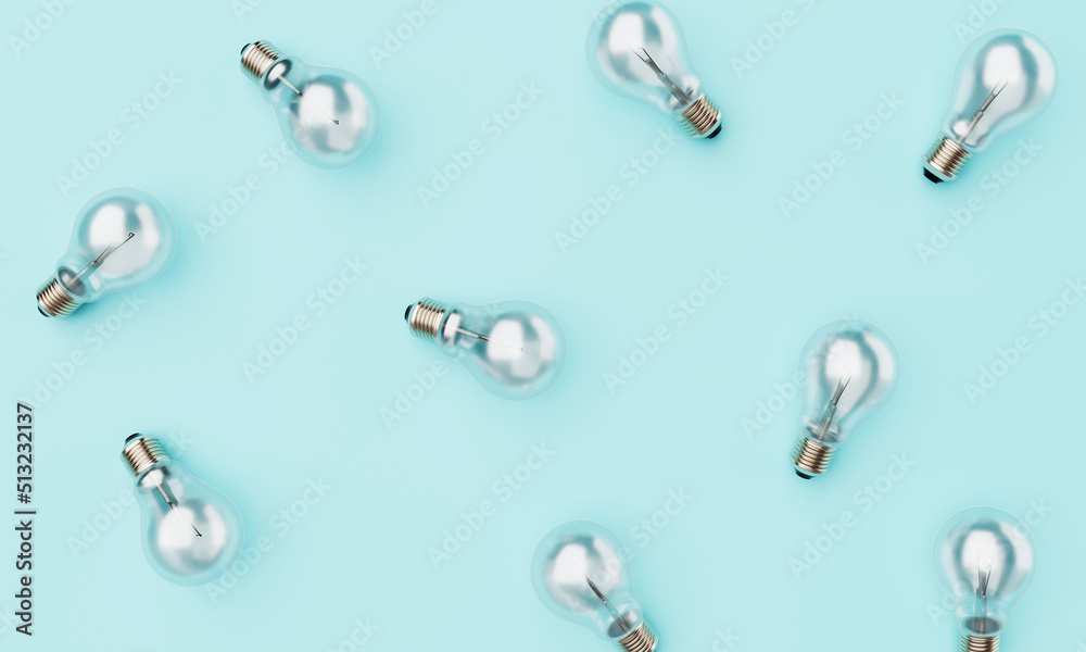 Minimal LIghtbulbs on blue pastel background. Abstract pattern wallpaper and Technology concept. 3D illustration rendering Minimal LIghtbulbs on blue pastel background. Abstract pattern wallpaper and Technology concept. 3D illustration rendering