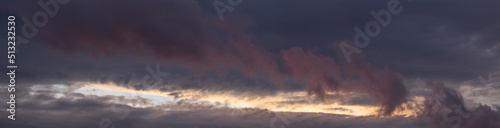 Leaden, storm clouds covered the sunset. Cumuliform cloudscape on blue sky. Tragic gloomy sky. © Piotr
