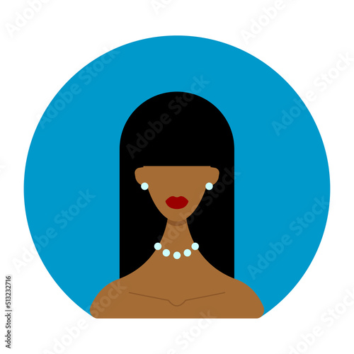 Icon dark-skinned black-haired woman with red lipstick on a blue oval background.