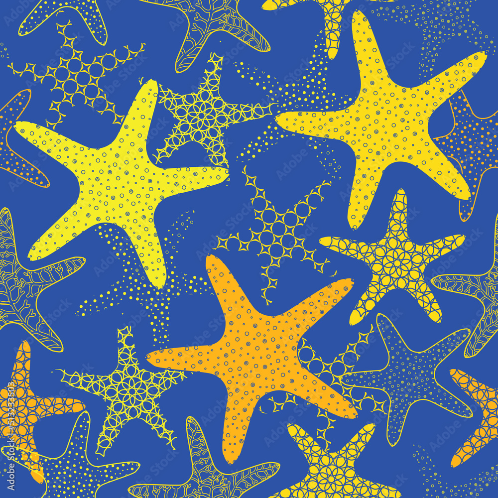 Colorful bright textured seamless star pattern print. Vector illustration. Surface design perfect for textile, fabric, beachwear, stationery, wallpaper, packaging, home and garden decoration